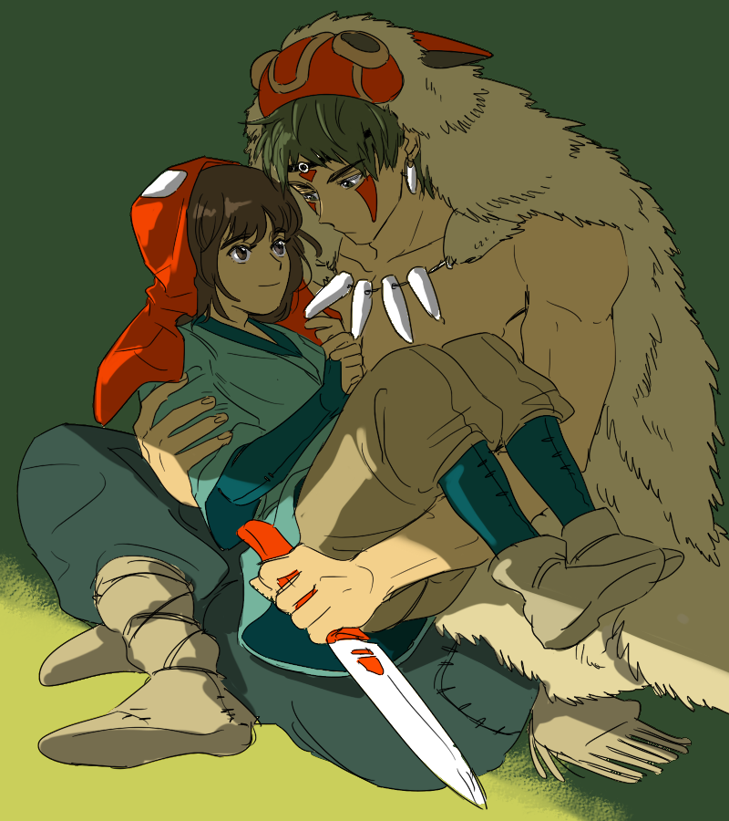 1boy, 1girl, 90s, animal_pelt, ashitaka, brown_hair, facial_mark, genderswap