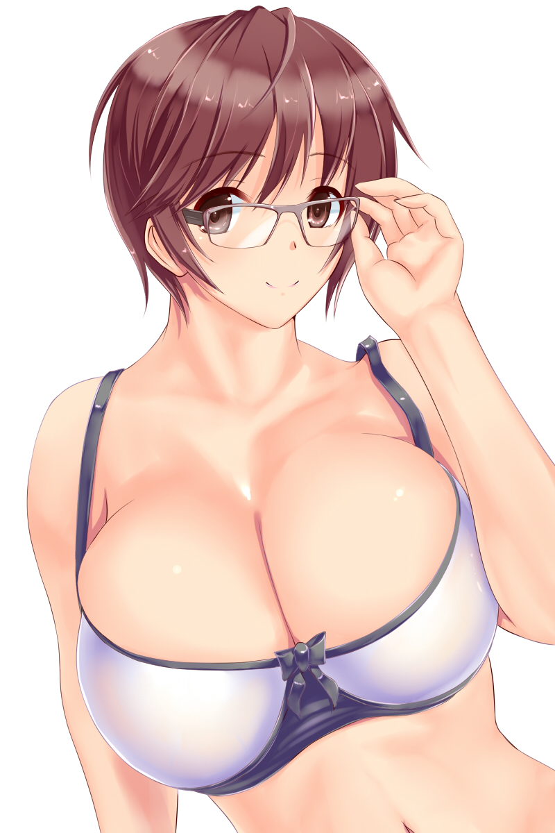 1girl, adjusting_glasses, bad_anatomy, bare_shoulders, breasts, brown_eyes, brown_hair, cleavage