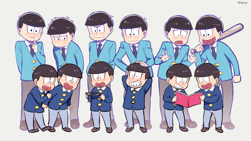 6+boys, :3, baseball_bat, black_eyes, black_hair, book, brothers, dual_persona, grin, hand_on_another's_head, heart, heart_in_mouth, male_focus, matsuno_choromatsu, matsuno_ichimatsu, matsuno_juushimatsu, matsuno_jyushimatsu, matsuno_karamatsu, matsuno_osomatsu, matsuno_todomatsu, mery_(apfl0515), multiple_boys, necktie, open_mouth, osomatsu-kun, osomatsu-san, sextuplet_(osomatsu-kun), sextuplets, siblings, smile, sunglasses, sunglasses_removed, time_paradox, younger