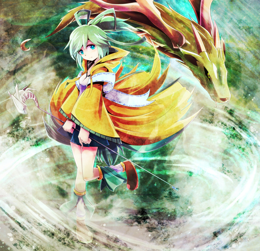 1girl, blue_eyes, breasts, dragon, duel_monster, green_eyes, green_hair, hair_ornament