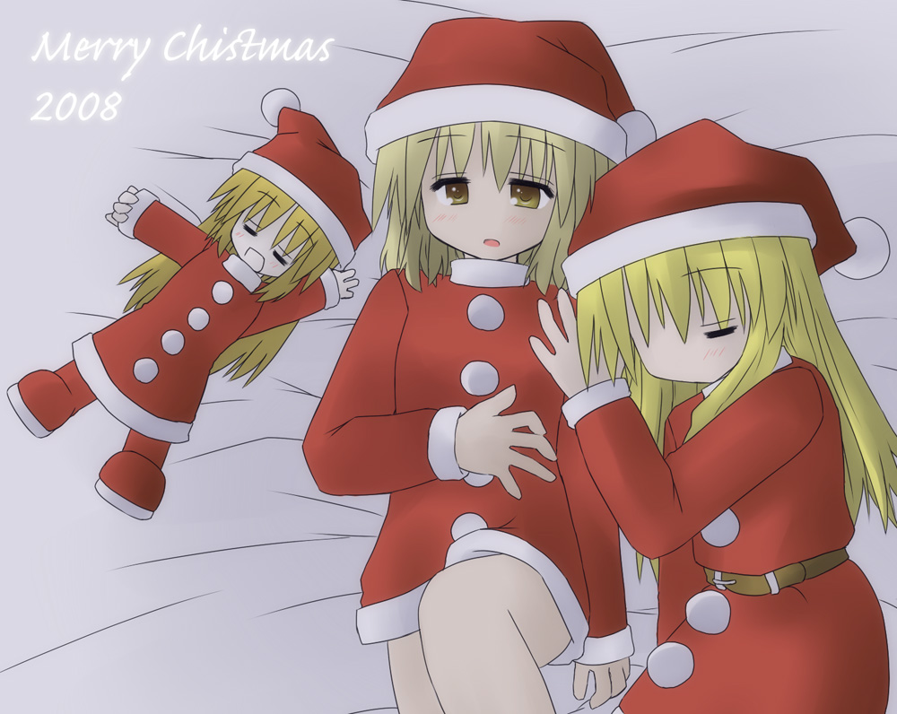 alice_margatroid, bed, christmas, kirisame_marisa, murabito, santa_costume, shanghai, sleeping, touhou