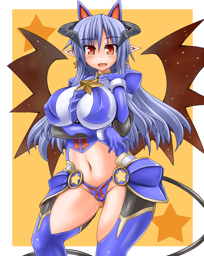 1girl, animal_ears, blue_hair, blush, breasts, curvy, demon_girl, earrings