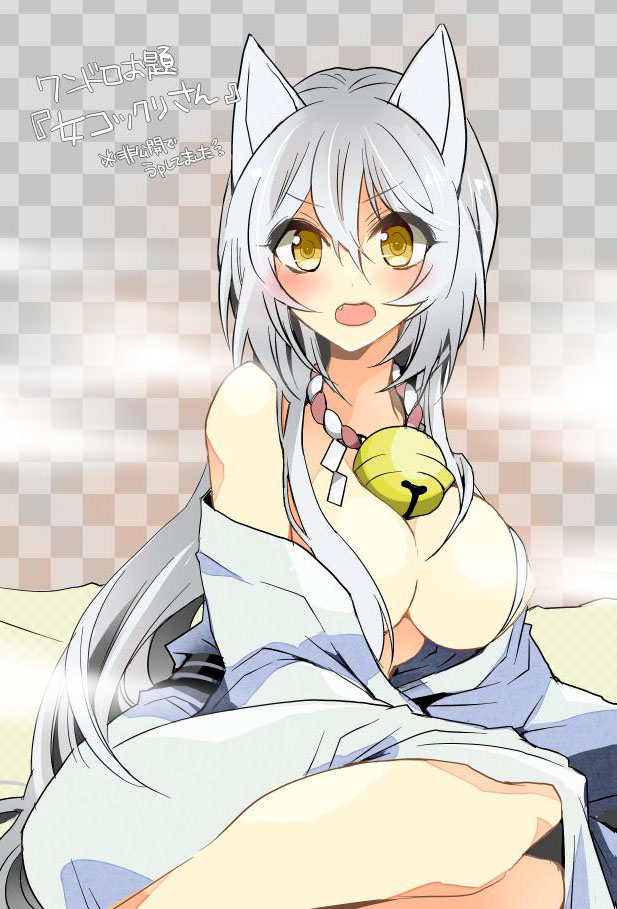1girl, animal_ears, bell, blush, breasts, cleavage, fang, female