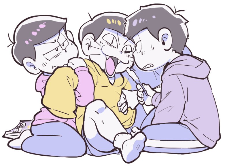 <|>_<|>, 3boys, :3, book, brothers, brown_hair, fangs, hono1212