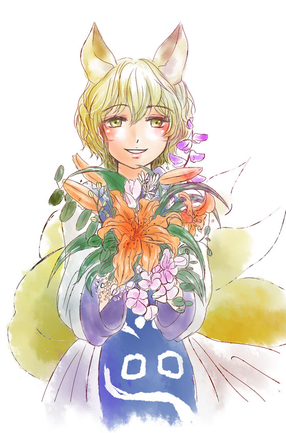 blonde_hair, blush, flower, sada_noriko, short_hair, sunata, tail, tiger-lily