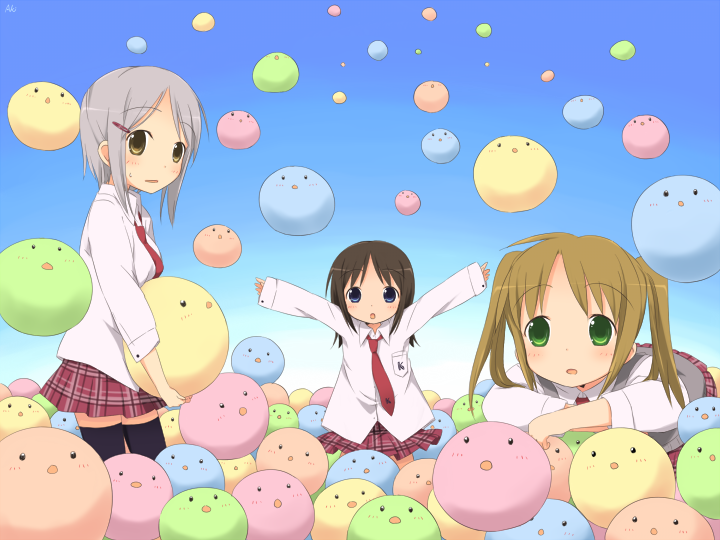ball, blue_eyes, blush, brown_eyes, brown_hair, child, green_eyes, hair_ornament