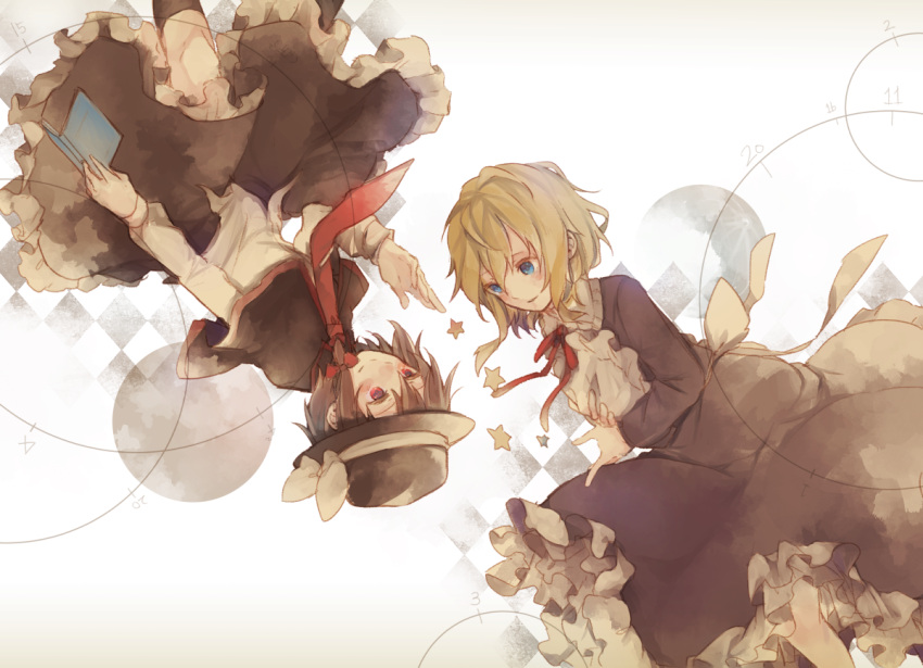 2girls, between_breasts, blonde_hair, blue_eyes, bow, brown_eyes, brown_hair, capelet