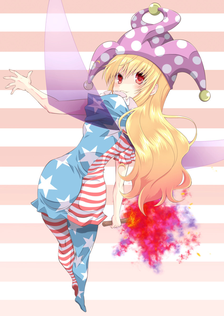 1girl, american_flag_dress, american_flag_legwear, american_flag_shirt, ass, bangs, blonde_hair, blush