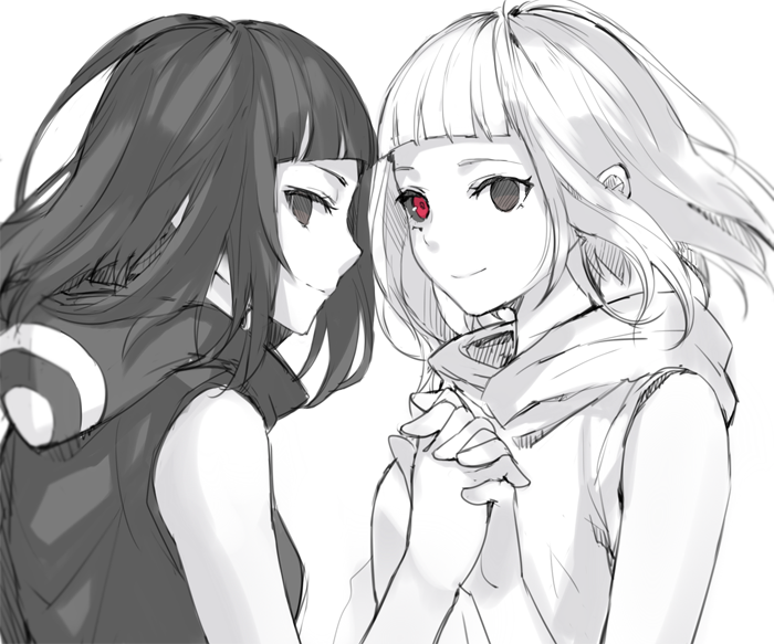 2girls, black_sclera, from_side, hand_holding, light_smile, momoko_(momopoco), multiple_girls, profile