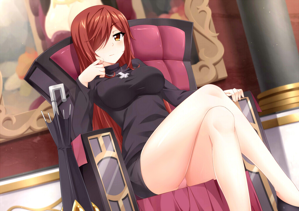 1girl, armchair, black_shoes, blush, breasts, chair, closed_mouth, closed_umbrella, cross, cross_necklace, dress, dutch_angle, eyebrows, eyebrows_visible_through_hair, frame, hair_over_one_eye, impossible_clothes, impossible_shirt, large_breasts, legs_crossed, long_hair, long_legs, long_sleeves, looking_at_viewer, mmrailgun, painting_(object), panties, pantyshot, pantyshot_(sitting), parasol, parasoul_(skullgirls), pink_panties, red_eyes, redhead, shirt, shoes, sitting, sitting_on_chair, skirt, skullgirls, smile, solo, taut_clothes, taut_shirt, thighs, turtleneck, umbrella, underwear, very_long_hair