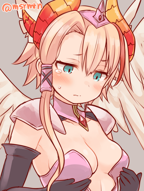 1girl, angel_wings, blonde_hair, blue_eyes, breast_conscious, breasts, collarbone, earrings