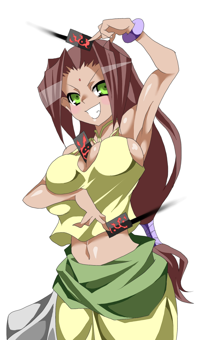 1girl, arc_the_lad, arc_the_lad_ii, bare_shoulders, between_breasts, breasts, brown_hair, card