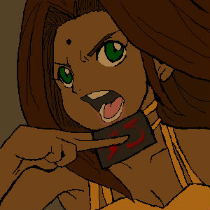 >:d, 1girl, :d, arc_the_lad, arc_the_lad_ii, bare_shoulders, breasts, brown_hair