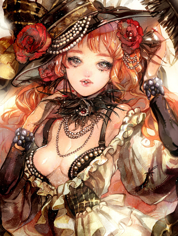 1girl, bangs, beads, bra, bracelet, breasts, brooch, cleavage