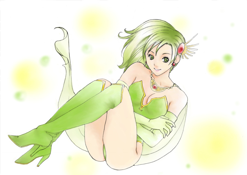 1girl, bare_shoulders, boots, breasts, cape, cleavage, crossed_arms, elbow_gloves