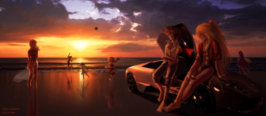 alia, axl, axl_(mega_man), beach, blonde_hair, brown_hair, car, dusk
