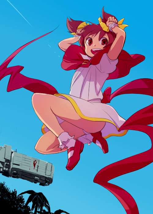 1girl, arc_the_lad, arc_the_lad_ii, breasts, choko_(arc_the_lad), dress, flying, long_hair, mary_janes, panties, pantyshot, redhead, shoes, short_twintails, skirt, solo, twintails, underwear
