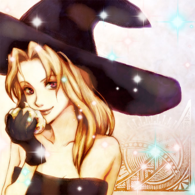 1girl, bare_shoulders, black_dress, black_gloves, black_hat, blonde_hair, collarbone, deneb_rove