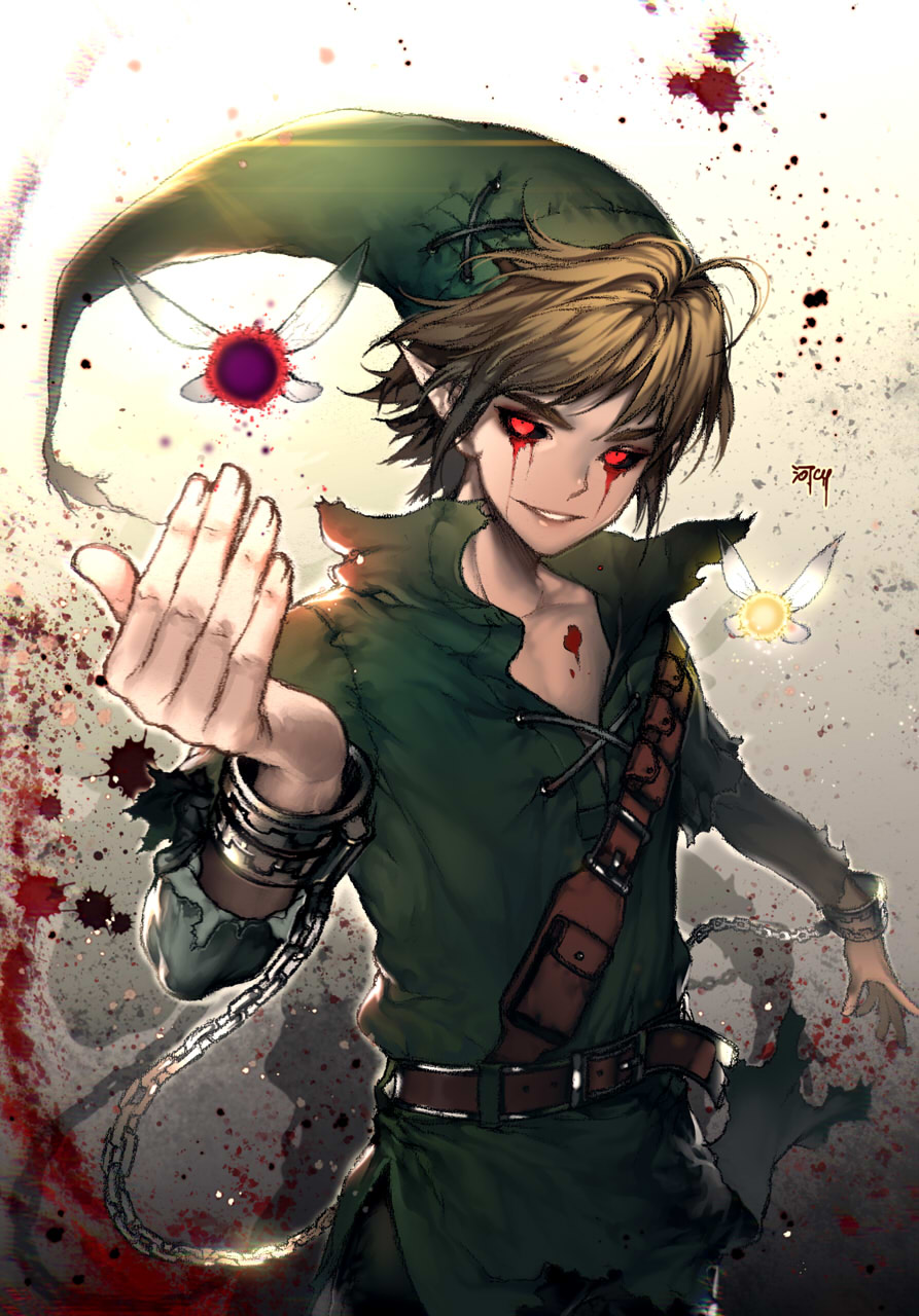1boy, artist_name, bad_end, ben_drowned, black_sclera, blonde_hair, blood, blood_splatter
