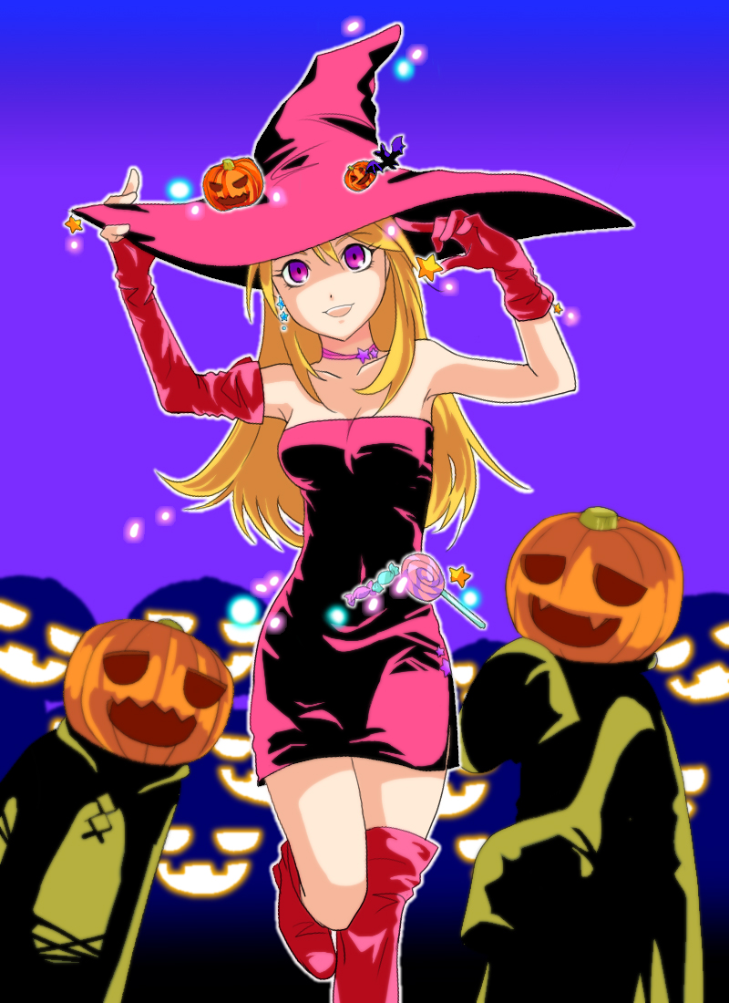 1girl, 2boys, asymmetric_gloves, asymmetrical_gloves, bare_shoulders, bat, blonde_hair, boots
