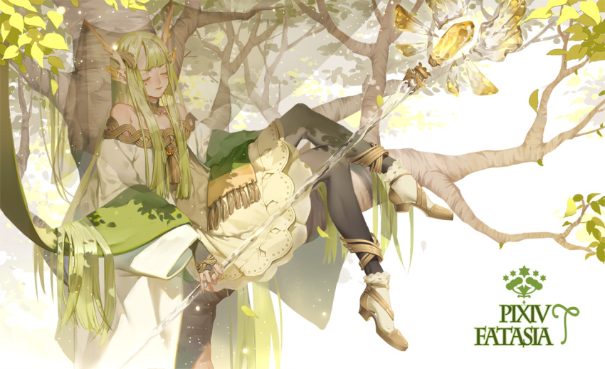 1girl, anklet, bangs, bare_shoulders, black_legwear, blunt_bangs, bridal_gauntlets, closed_eyes