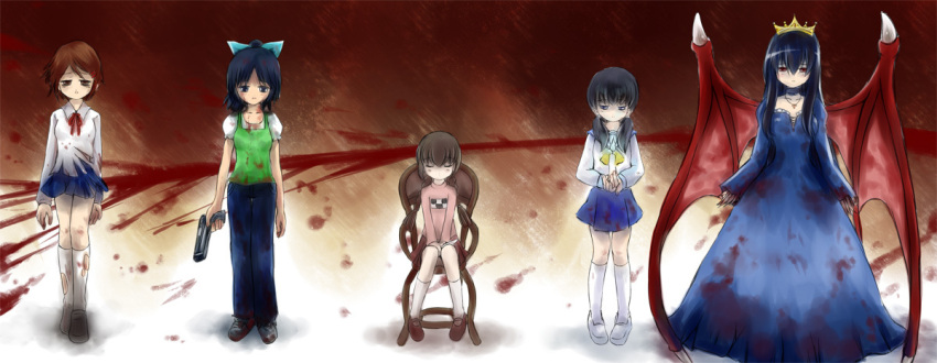 5girls, bangs, black_eyes, black_hair, blood, bloody_clothes, blue_eyes, blue_hair, brown_eyes, brown_hair, candle, chair, closed_eyes, collarbone, corpse_party, d-rev_g, demon_wings, demonophobia, dress, gun, hair_ornament, holding, jewelry, kisei_joker, knife, kunikai_sakuri, lilia_mistys, madotsuki, moonlight_labyrinth, multiple_girls, necklace, school_uniform, shinozaki_ayumi, sidelocks, sitting, skirt, tiara, torn_clothes, toudou_haruka, weapon, wings, yume_nikki