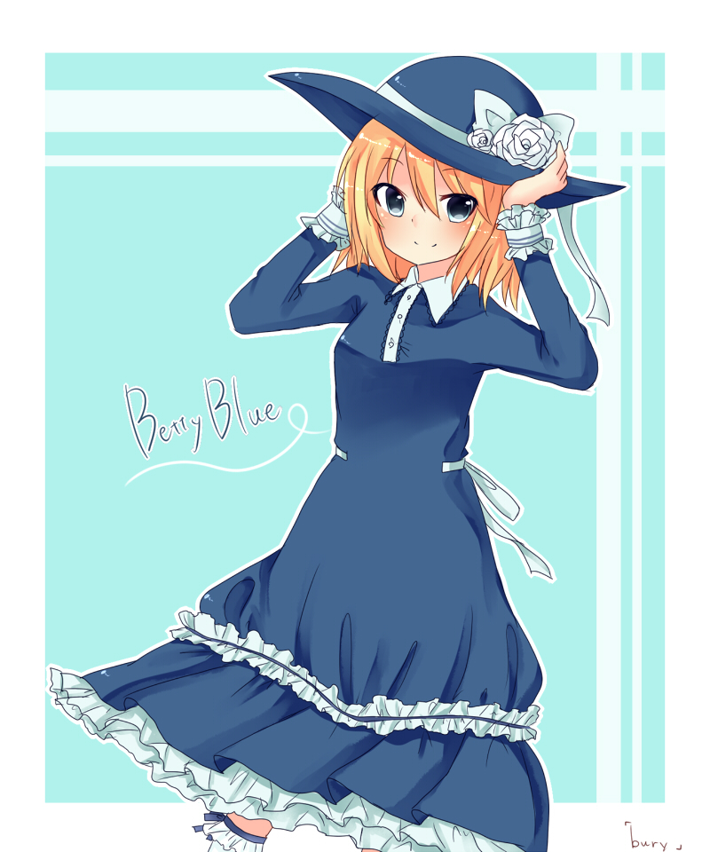 1girl, adjusting_clothes, adjusting_hat, artist_request, bangs, betty_blue_(bury), blonde_hair, blue_dress, blue_eyes, blush, bury, character_name, copyright_name, dress, frills, hat, looking_at_viewer, smile, solo