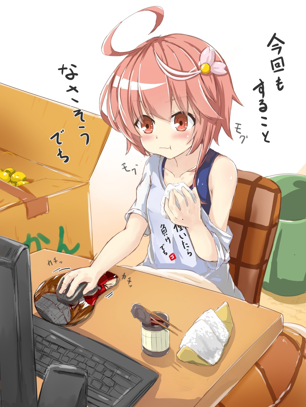 1girl, :t, akaikonomi, box, breast_mousepad, can, cardboard_box, chopsticks