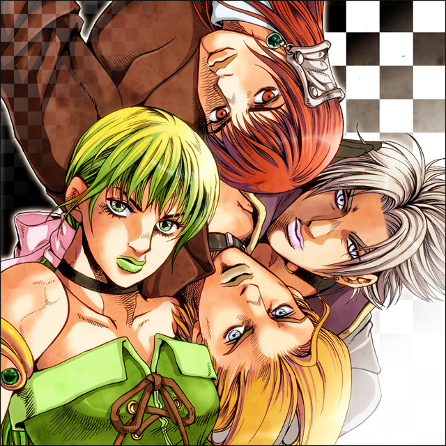 2boys, 2girls, araki_hirohiko_(style), armor, armored_dress, belt, blonde_hair, braid