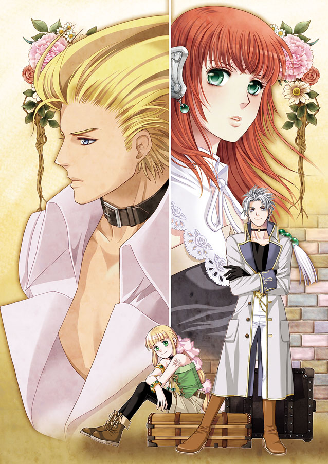 2boys, 2girls, armor, armored_dress, belt, blonde_hair, braid, breasts