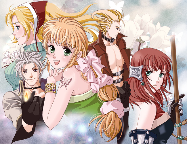 2boys, 2girls, armor, armored_dress, belt, bird, blonde_hair, braid