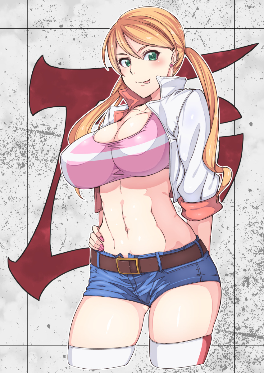 1girl, :p, abs, belt, blonde_hair, blush, breasts, cleavage