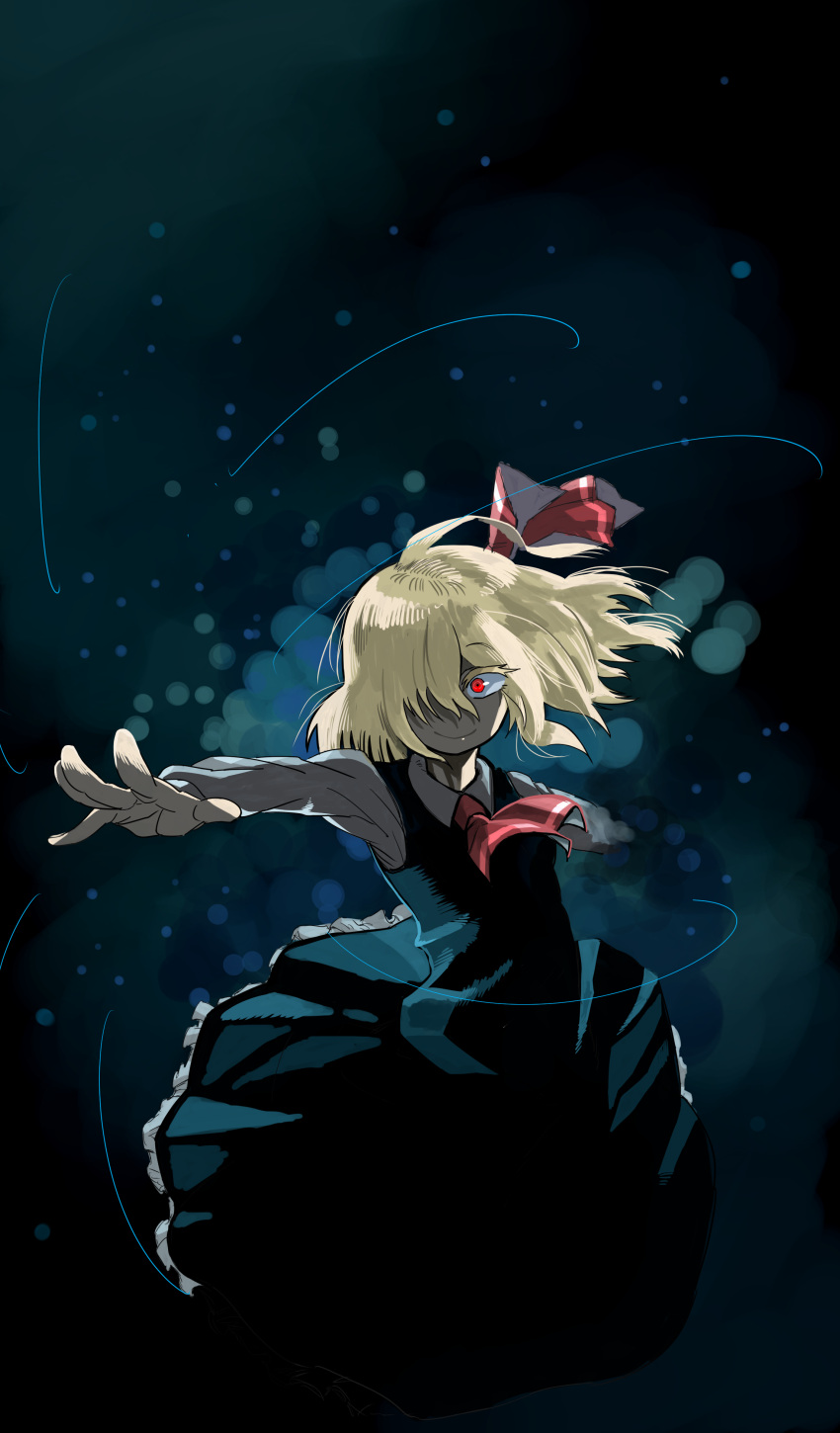 1girl, absurdres, ascot, blonde_hair, colored_eyelashes, dark, hair_ornament, hair_over_one_eye, hair_ribbon, highres, long_sleeves, looking_at_viewer, munakata_(sekimizu_kazuki), outstretched_arms, red_eyes, ribbon, rumia, shirt, skirt, skirt_set, smile, solo, touhou, vest