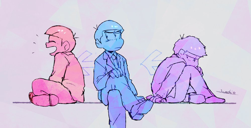 3boys, arrow, artist_name, brothers, closed_eyes, formal, grey_background, indian_style, leg_hug, legs_crossed, looking_at_another, male_focus, matsuno_ichimatsu, matsuno_karamatsu, matsuno_osomatsu, messy_hair, mochio_(gootarara), multiple_boys, osomatsu-kun, osomatsu-san, siblings, simple_background, sitting, smile, suit