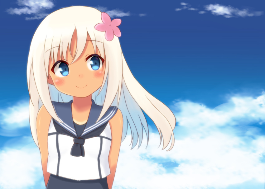 1girl, absurdres, blonde_hair, blue_eyes, crop_top, flower, hair_flower, hair_ornament