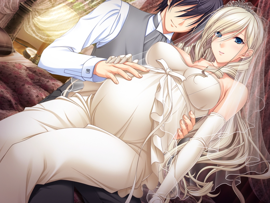 1boy, 1girl, blonde_hair, blue_eyes, breasts, bridal_veil, bride, celia_kumani_entory
