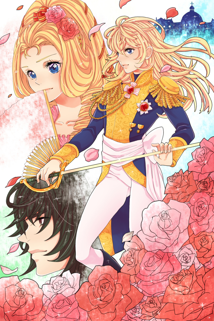 1boy, 2girls, aiguillette, andre_grandier, blonde_hair, drill_hair, epaulettes, fan