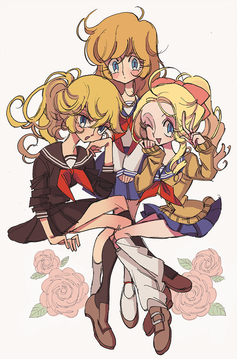 3girls, black_legwear, black_skirt, blonde_hair, blue_skirt, brown_shoes, contemporary, floral_background, flower, full_body, highres, kneehighs, kue_kue_kue, leg_warmers, long_hair, marie_antoinette_(versailles_no_bara), miniskirt, multiple_girls, one_eye_closed, oscar_francois_de_jarjayes, ponytail, rosalie_lamorliere, rose, school_uniform, serafuku, shoes, sitting, skirt, v, v_arms, versailles_no_bara, white_legwear