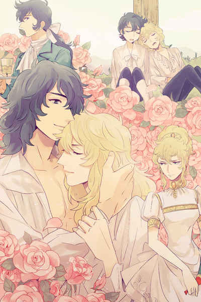 1boy, 1girl, andre_grandier, aya_(pixiv15010469), black_hair, blonde_hair, closed_eyes, couple