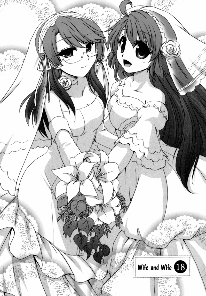 2girls, bare_shoulders, dress, elbow_gloves, flower, gloves, happy, himefuji_kinana, lily_(flower), minamoto_hisanari, miyako_sumi, multiple_girls, wedding_dress, wife_and_wife, yuri