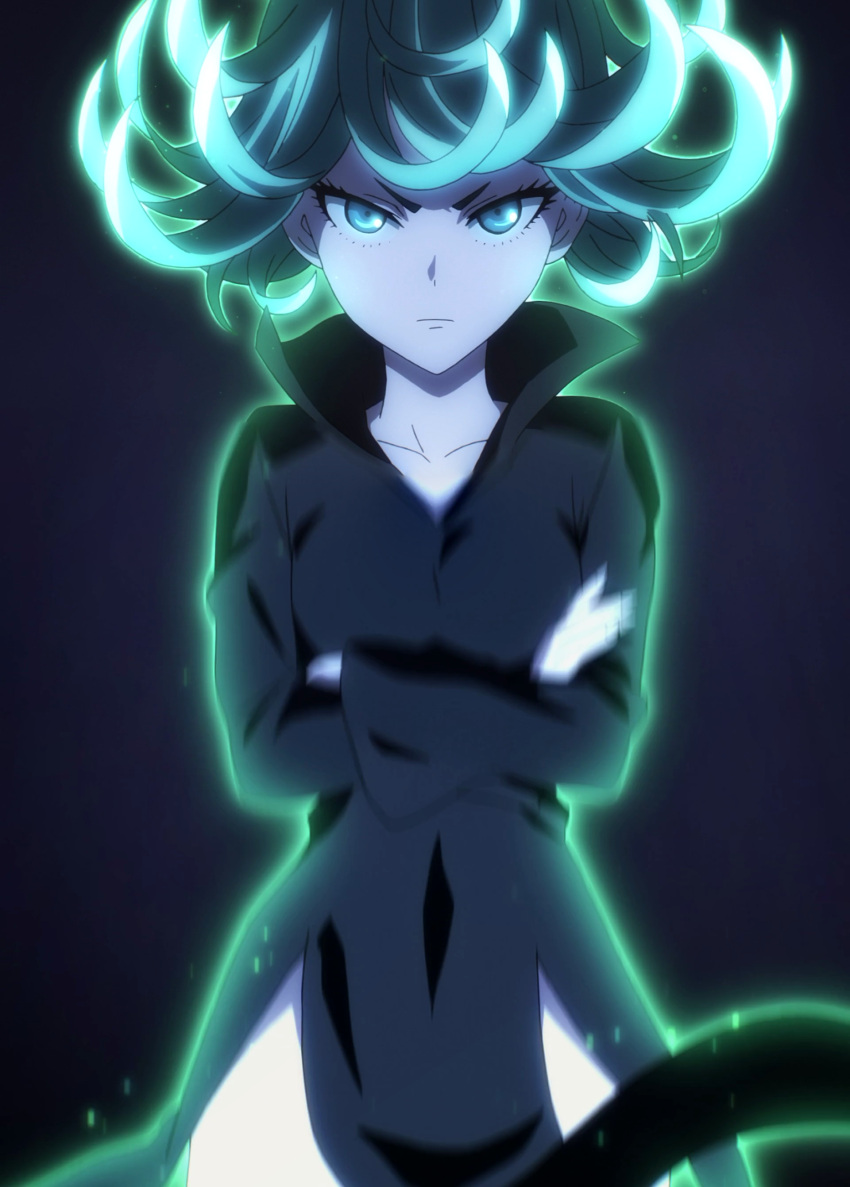 1girl, green_eyes, green_hair, one-punch_man, psychic, solo, stitched, tatsumaki