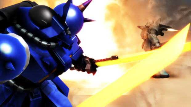 dual_wielding, efreet_(gundam), firing, gouf_custom, gun, gundam, gundam_cross_dimension_0079, mecha, mikumikudance, mobile_suit_gundam, shield, sword, weapon