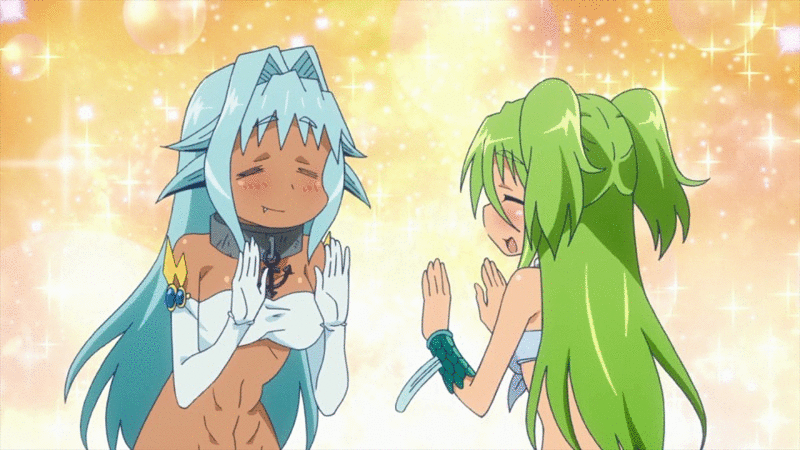 2girls, abs, animated, animated_gif, blue_hair, green_hair, levia-san, lowres, mermaid, monster_girl, multiple_girls, muromi-san, namiuchigiwa_no_muromi-san, pattycake