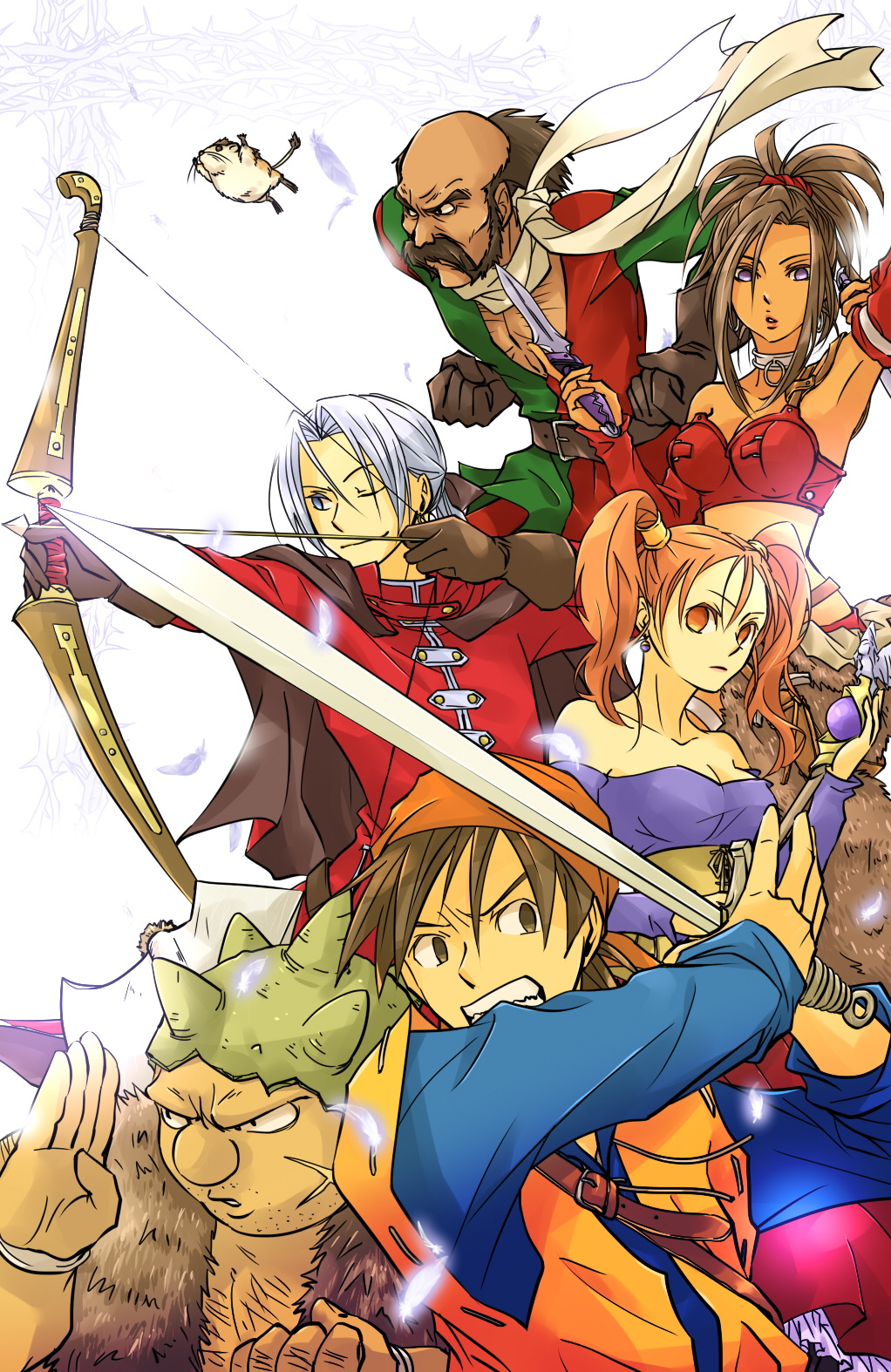 angelo, arrow, balding, bandanna, bow_(weapon), breasts, cleavage, dagger