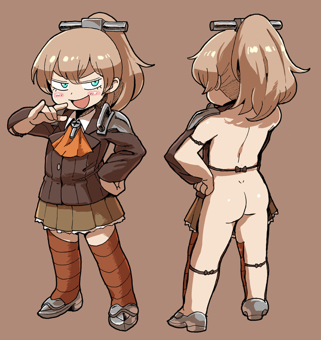 1girl, ass, blue_eyes, brown_hair, flat_ass, hair_ornament, hand_on_hip, kantai_collection