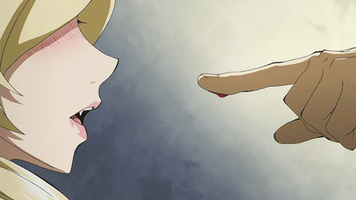 1girl, animated, animated_gif, blonde_hair, blood, blush, fang, horn_skuld