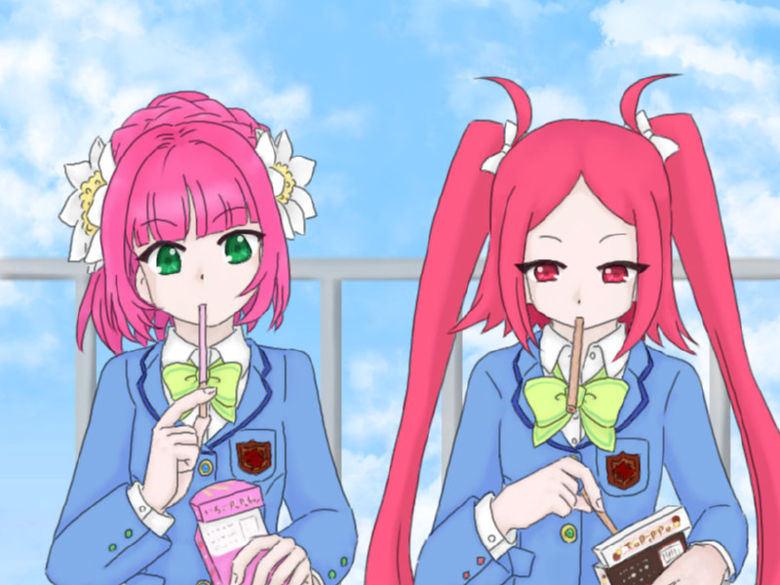 2girls, flower, green_eyes, long_hair, multiple_girls, pink_hair, pocky, ponytail, red_eyes, redhead, ribbon, rommy, rubia_natwick, school_uniform, tales_of_(series), tales_of_the_tempest, twintails