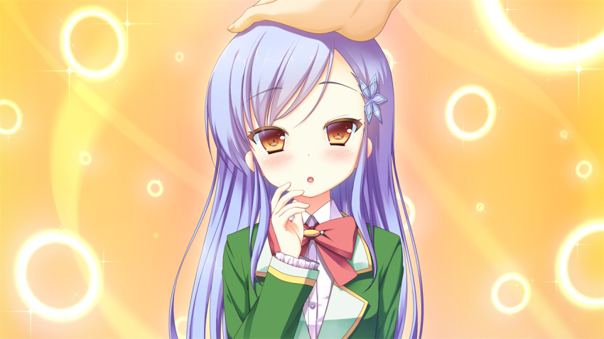 1boy, 1girl, blush, brown_eyes, galette, game_cg, hair_ornament, k.y_ko, kitami_tsubomi, long_hair, onii-chan_teacher_~himitsu_no_jugyou_o_kibou_shimasu!!~, open_mouth, pikazo, purple_hair, school_uniform, tagme
