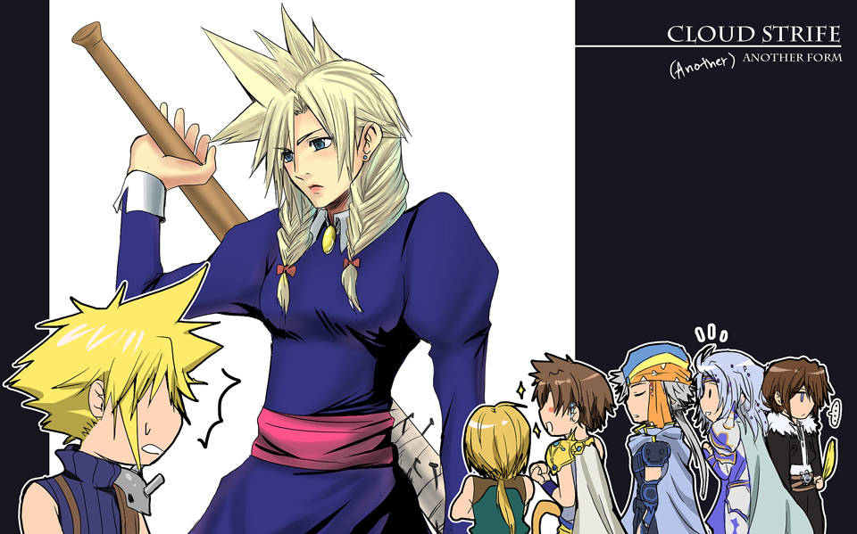 6+boys, alternate_costume, baseball_bat, blonde_hair, blue_eyes, braid, brown_hair, butz_klauser