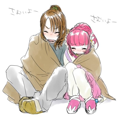 1boy, 1girl, blush, brown_hair, closed_eyes, dress, flower, lazy_rabbit, long_hair, open_mouth, pants, pink_hair, ponytail, rubia_natwick, shoes, tales_of_(series), tales_of_the_tempest, tilkis_barone